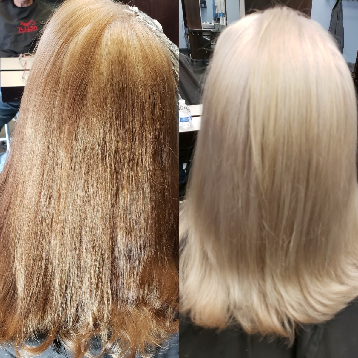 Before and after a colour correction, brassy gold lifted to a clean blonde.